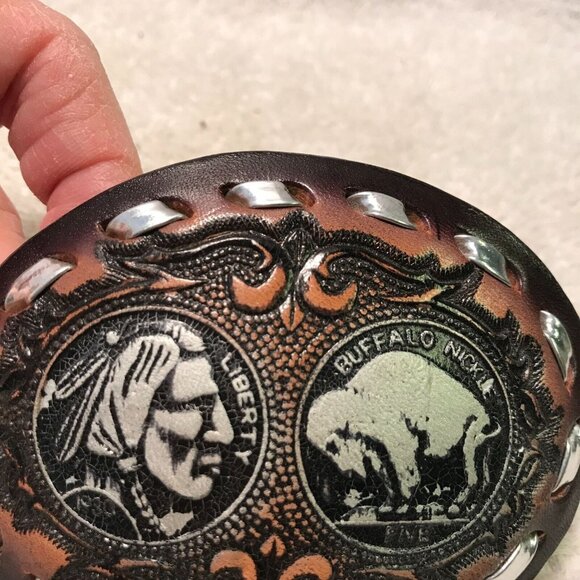 Vintage Buffalo Nickel Leather Belt Buckle - Western Cowboy Style - Picture 5 of 5